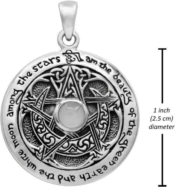 Sterling Silver Moon Goddess Pentacle Pendant with Natural White Moonstone; 1 Inch Diameter