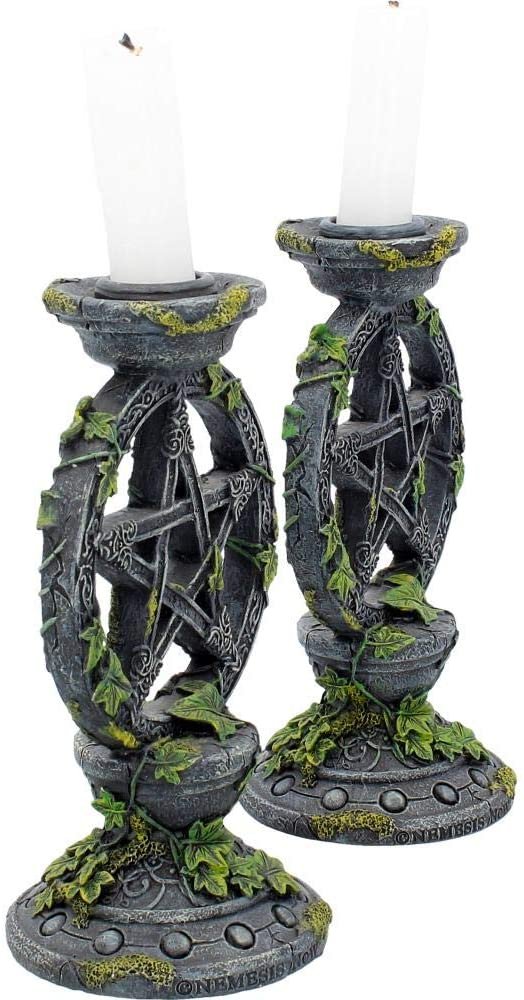 Wiccan Collection~Wiccan Pentagram Candlesticks Set of Two Candle Holder 15cm Black, Resin