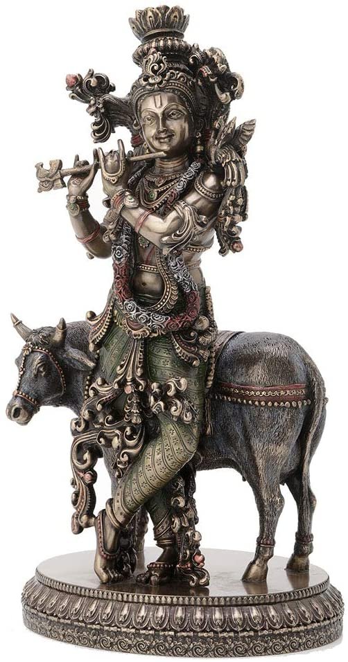 Magic  Collection~10.5 Inch Hindu God Krishna and The Holy Cow Antique Bronze Finish Sculpture Figurine