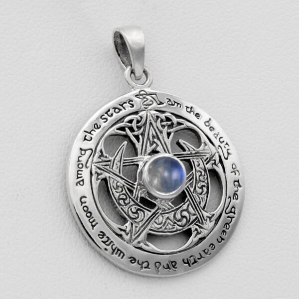Dryad Design Sterling Silver Cut Out Moon Pentacle Pendant with Natural Rainbow Moonstone; 1 Inch Diameter