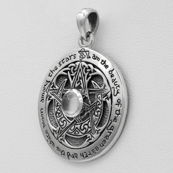 Sterling Silver Moon Goddess Pentacle Pendant with Natural White Moonstone; 1 Inch Diameter