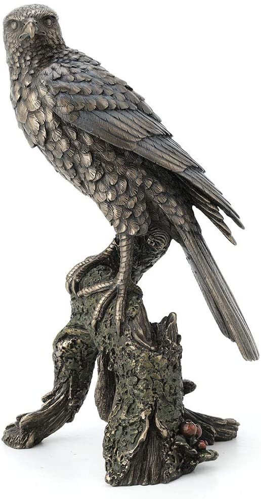 Magic  Collection~10.9 Inch Sparrow Hawk Resting On Tree Branch Antique Bronze Falcon Statue