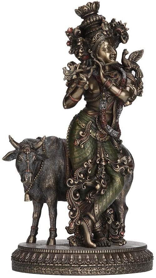 Magic  Collection~10.5 Inch Hindu God Krishna and The Holy Cow Antique Bronze Finish Sculpture Figurine