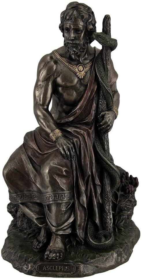Magic  Collection~Asclepius Greek God of Medicine Holding Serpent Entwined Staff Bronzed Statue