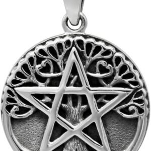 Sterling Silver Small Tree Pentacle Pentagram Pendant; 3/4 Inch Diameter
