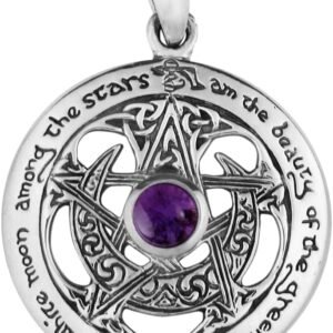 Sterling Silver Cut Out Moon Goddess Pentacle Pendant with Natural Amethyst
