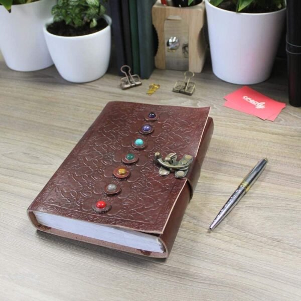 Home Decor~Leather Book of Shadows Journal, Supernatural Notebook with Chakra Gem Stones Healing Crystals and Latch, by AzureGreen (Brown Single Lock)