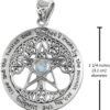 Sterling Silver Large Wiccan Tree Pentacle Pendant with Natural Rainbow Moonstone; 1.25 Inch Diameter