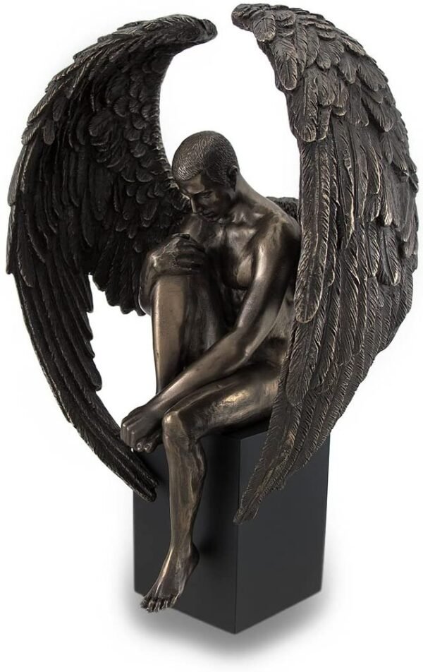 Magic  Collection~Resin Sculptures Bronze Finished Pensive Male Angel Statue On Black Base 7 X 10 X 4 Inches Bronze