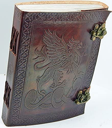 Witchcraft~Handmade Large 8" Embossed Leather Bound Journal Dragon with lock Genuine Brown Antique Old personal Diary notebook journal gift