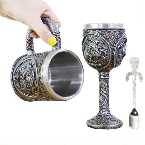Magicun N.Giftware~Dragon Skull Mug Goblet Spoon Set of 3 Stainless Steel - Steampunk Beer Stein Tankard Decor Gift or Coffee Mug & Wine Chalice Christmas, Anniversaries, Mother’s & Father’s Days