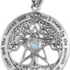 Sterling Silver Large Wiccan Tree Pentacle Pendant with Natural Rainbow Moonstone; 1.25 Inch Diameter