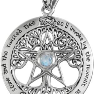 61zRm1K73eL._AC_SL1000 Sterling Silver Large Wiccan Tree Pentacle Pendant with Natural Rainbow Moonstone; 1.25 Inch Diameter
