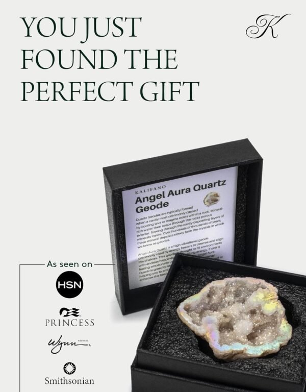 KALIFANO Angel Aura Quartz Geode - Titanium Bonded High Energy Crystal Cuarzo Cluster/Druzy with Information Card - Natural Reiki Rock Used for Clarity and Purpose (Family Owned and Operated)