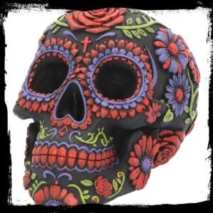 Dark Collection~B3621J7 Resin Skull with Traditional Floral Decorations, Black, 18 cm, One Size