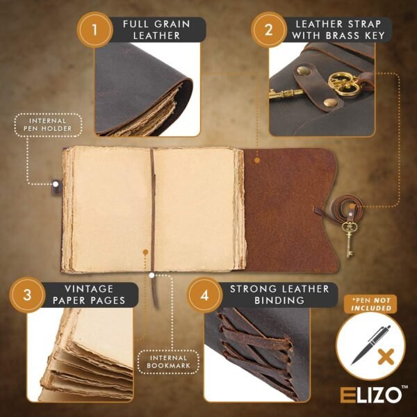 Witchcraft~Elizo Antique Leather Journal Blank Pages - Vintage Leather Journal with Deckle Edge Pages - Book of Shadows - Leather Bound Journal for Men and Women - 200 Pages, 7.5" x 5.5" - 1009