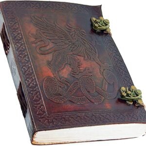 Witchcraft~Handmade Large 8" Embossed Leather Bound Journal Dragon with lock Genuine Brown Antique Old personal Diary notebook journal gift