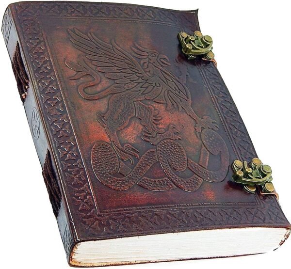 Witchcraft~Handmade Large 8" Embossed Leather Bound Journal Dragon with lock Genuine Brown Antique Old personal Diary notebook journal gift