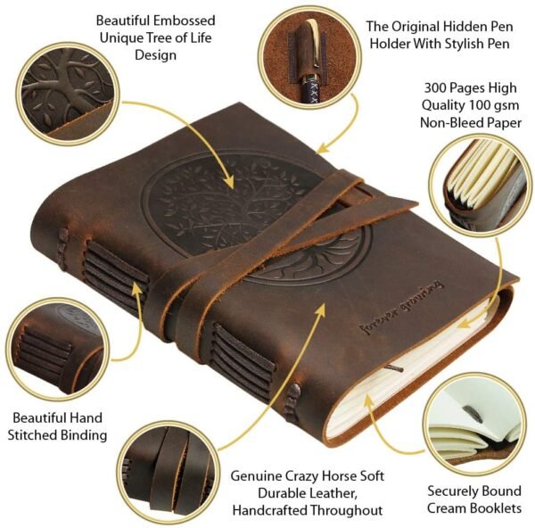 Witchcraft~Leather Journal Tree of Life Notebook Embossed Handmade Travel Diary, A5 Vintage Writing Bound for Men for Women Genuine Antique Rustic Leather 6"x8" Engraved Paper Perfect for Notes Sketchbook + Pen