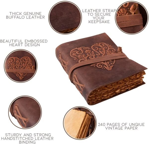 Witchcraft~Large Leather Journal for Women - Vintage Leather Bound Journal - Antique Paper - Beautiful Embossed Heart Leather Sketchbook- For Sketching and Writing 240 Pages (11.5" x 8.25" (A4), Red Brown)