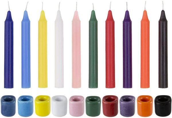 Witchcraft~Mega Candles 10 pcs Assorted Colors Ceramic Chime Ritual Spell Candle Holders with Matching Color Candles, Great for Casting Chimes, Rituals, Spells, Vigil, Witchcraft, Wiccan Supplies & More