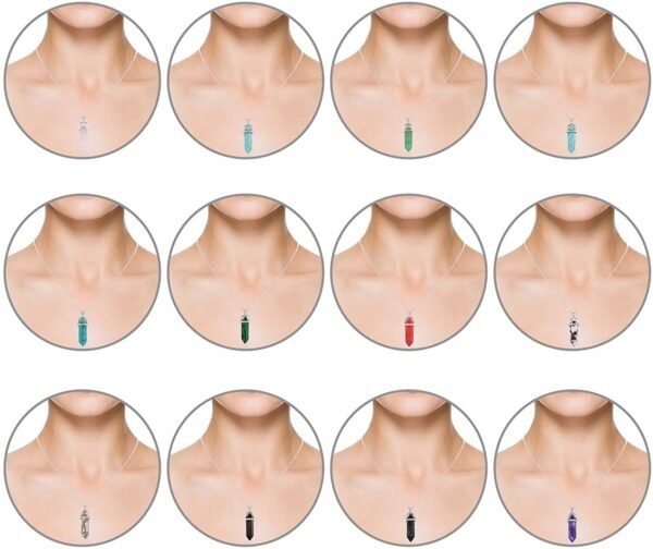 Witchcraft~12 Pieces Hexagonal Chakra Crystal Bullet Shape Gemstone Pendant Necklaces Pointed Quartz Stone Chain Necklaces Artificial Stone with Storage Bag