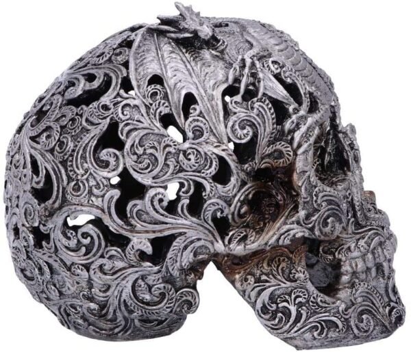 Dark Collection~Silver Cranial Drakos Engraved Dragon Skull Ornament, Polyresin, One Size