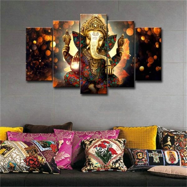 Magic  Collection~LiftGather 5pcs / set waterproof canvas painting elephant trunk God Ganesha HD print home wall hanging art prints modular pictures(40"W x 20"H, Framed)