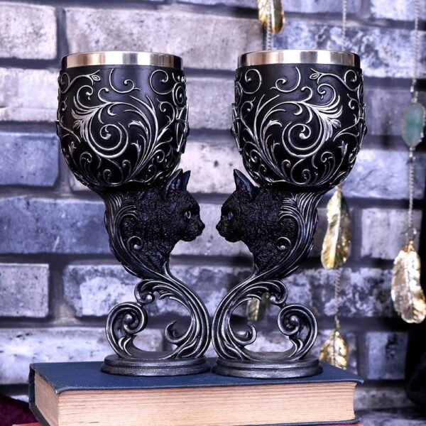 Dark Collection~Hex Twin Cat Heart Set of Two Goblets, Resin w/Stainless Steel Insert, Black and Silver, 18.5cm