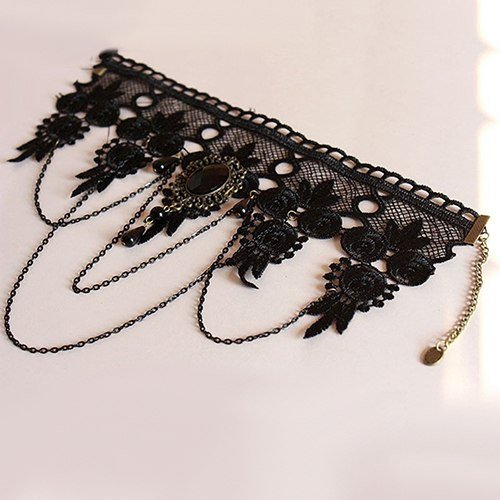 Gothic Black Rhinestone Lace Layered Chain Collar Necklace Choker
