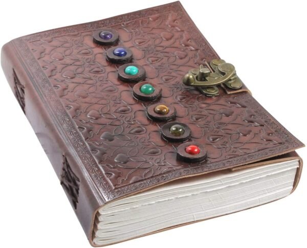 Witchcraft~Leather Book of Shadows Journal, Supernatural Notebook with Chakra Gem Stones Healing Crystals and Latch, by  (Brown Single Lock)
