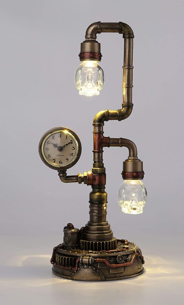 Magic  Collection~14.75 Inch Steampunk Pipework Clock Stand Lamp Light Crystal Skull Bulb LED Lighting Antique Bronze Finish Sculpture