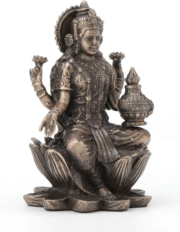 Magic  Collection~3.3" Hindu God Lakshmi Sitting On Lotus Cast Resin Antique Bronze Finish Statue Fortune Sculpture