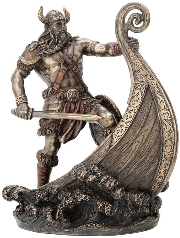 Magic  Collection~9.5 Inch Norse Viking Warrior Standing On Long Ship Prow Antique Bronze Finish Statue