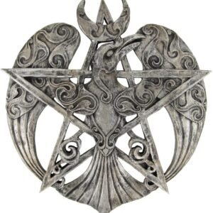 Magicun Altar~Large Crescent Raven Pentacle Wall Plaque Silver Finish