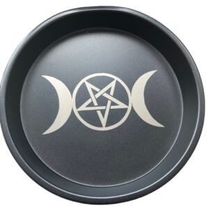 Pentagram and Triple Moon Altar Ritual Burning Candle Holder Plate Bowl - Diameter 7inch Height 0.8inch Carbon Steel Offering Incense Burning Flat Bowl for Smudging Decoration