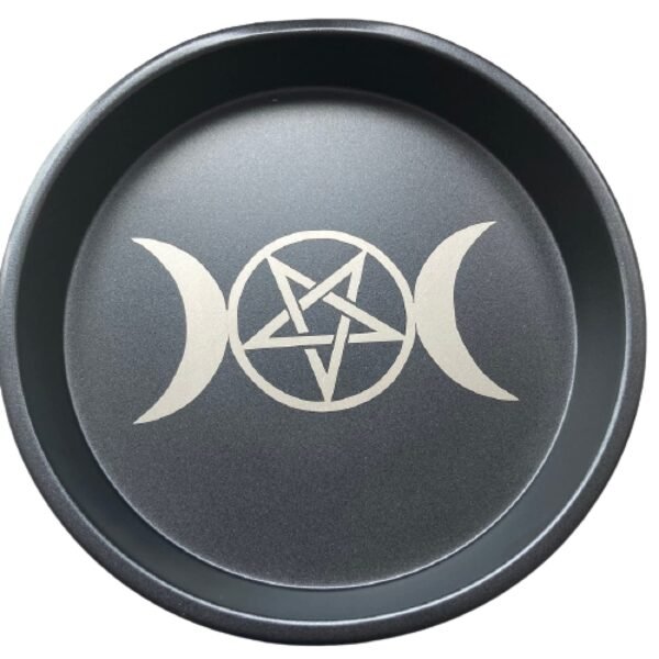 Pentagram and Triple Moon Altar Ritual Burning Candle Holder Plate Bowl - Diameter 7inch Height 0.8inch Carbon Steel Offering Incense Burning Flat Bowl for Smudging Decoration