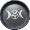 Pentagram and Triple Moon Altar Ritual Burning Candle Holder Plate Bowl - Diameter 7inch Height 0.8inch Carbon Steel Offering Incense Burning Flat Bowl for Smudging Decoration