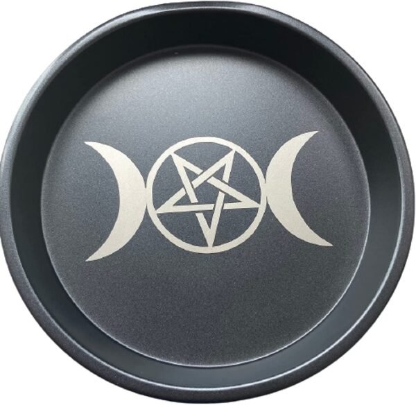 Pentagram and Triple Moon Altar Ritual Burning Candle Holder Plate Bowl - Diameter 7inch Height 0.8inch Carbon Steel Offering Incense Burning Flat Bowl for Smudging Decoration