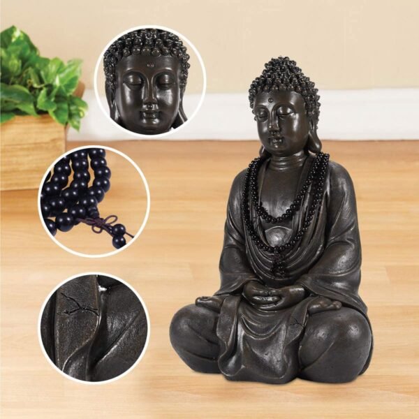 Magic  Collection~LIMEIDE Meditating Zen Buddha Statue Figurine Sitting Sculpture Decoration, Art Decoration with Natural Wood Beaded Necklace, Polyresin, Antique Bronze Look(17 Inch)