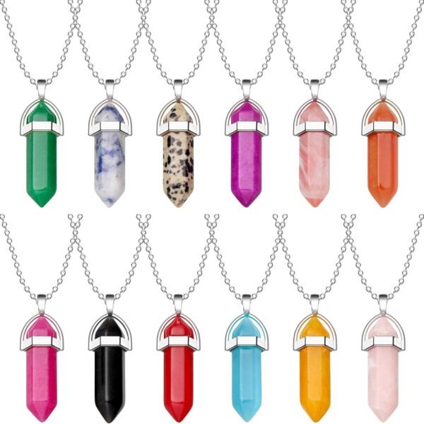 Witchcraft~12 Pieces Hexagonal Chakra Crystal Bullet Shape Gemstone Pendant Necklaces Pointed Quartz Stone Chain Necklaces Artificial Stone with Storage Bag