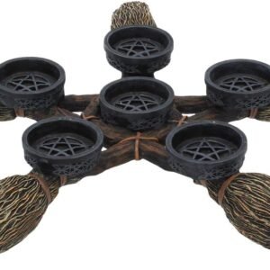 Wiccan Collection~Broomstick Pentagram Tea Light Holder 34cm, Resin, Brown, One Size