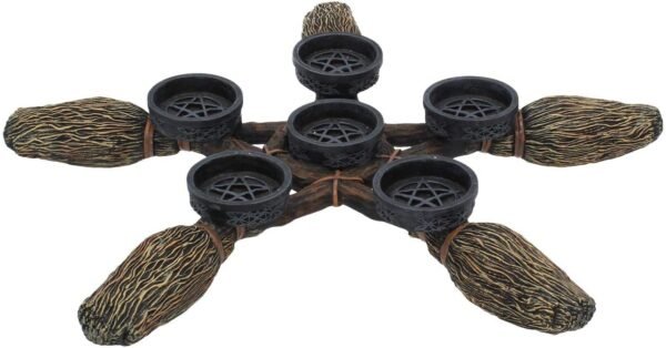 Wiccan Collection~Broomstick Pentagram Tea Light Holder 34cm, Resin, Brown, One Size