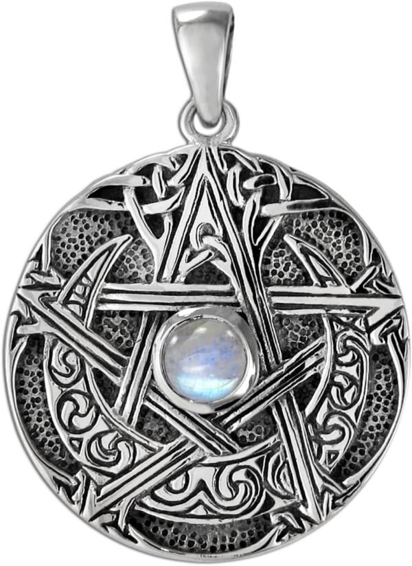 Sterling Silver Moon Goddess Pentacle Pendant with Natural Rainbow Moonstone