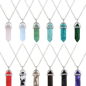 Witchcraft~12 Pieces Hexagonal Chakra Crystal Bullet Shape Gemstone Pendant Necklaces Pointed Quartz Stone Chain Necklaces Artificial Stone with Storage Bag