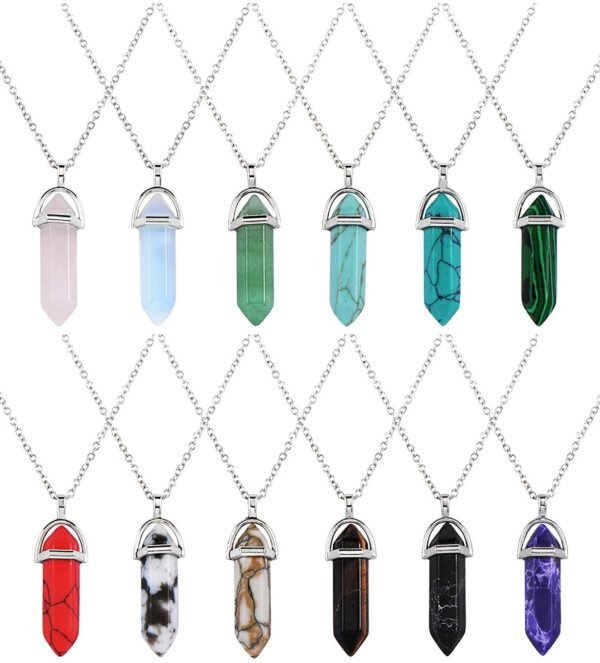 Witchcraft~12 Pieces Hexagonal Chakra Crystal Bullet Shape Gemstone Pendant Necklaces Pointed Quartz Stone Chain Necklaces Artificial Stone with Storage Bag