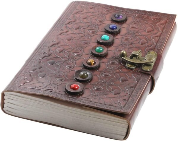 Home Decor~Leather Book of Shadows Journal, Supernatural Notebook with Chakra Gem Stones Healing Crystals and Latch, by AzureGreen (Brown Single Lock)