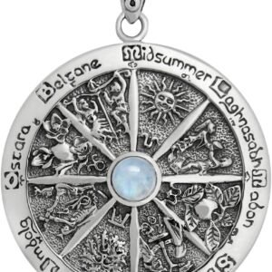 Sterling Silver Wheel of the Year Pendant with Natural Rainbow Moonstone; 1.75 Inch Diameter