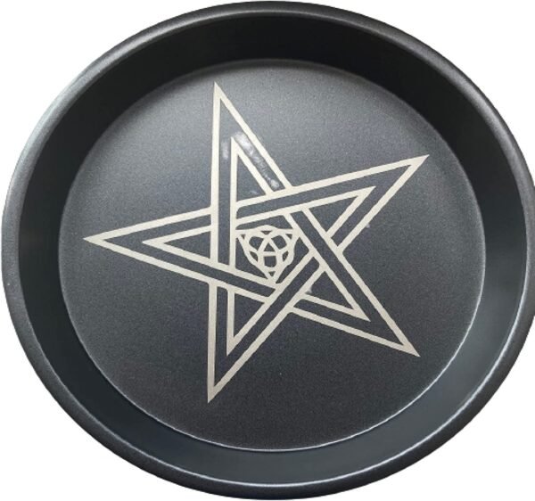 Pentagram and Triple Moon Altar Ritual Burning Candle Holder Plate Bowl - Diameter 7inch Height 0.8inch Carbon Steel Offering Incense Burning Flat Bowl for Smudging Decoration