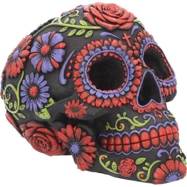 Dark Collection~B3621J7 Resin Skull with Traditional Floral Decorations, Black, 18 cm, One Size